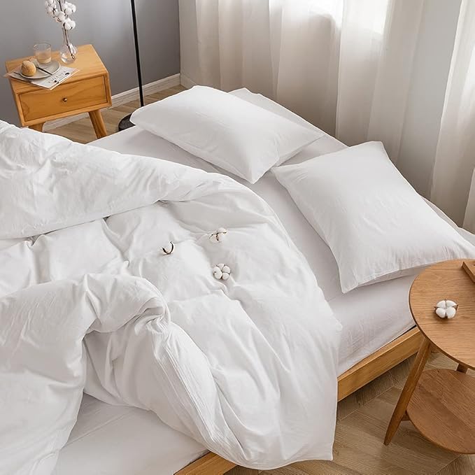 FACE TWO FACE Bedding Duvet Cover Set 3 Pieces 100% Washed Cotton Duvet Cover Linen Like Textured Breathable Durable Soft Comfy (California King, White)