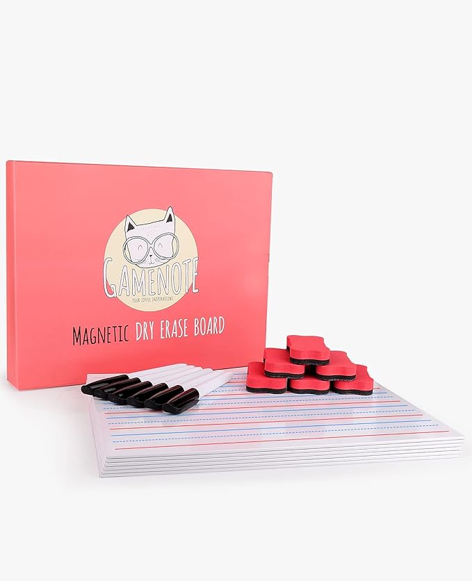 GAMENOTE White Board Dry Erase, Small Magnetic Lined White Board Set, Double Sided Magnet Ruled Lap Boards Whiteboard for Kids and Student Learning Homeschool Classroom, 9x12 Inches (Pack of 6)