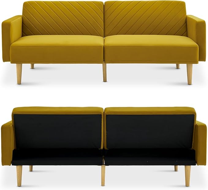 mopio 76.8" Futon Sofa Bed, Small Couch, Sleeper, Loveseat, Mid Century Modern Futon Couch, Sofa Cama, Couches for Living Room (Antique Gold Premium Velvet)
