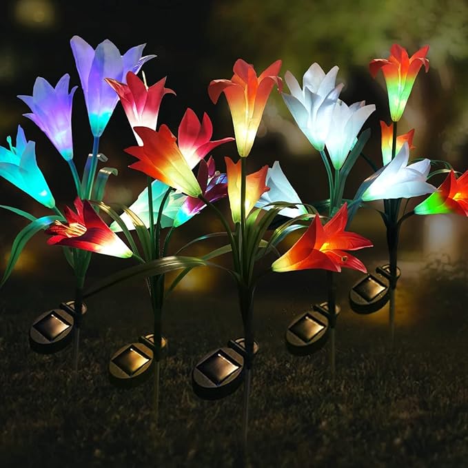 Veesee Solar Lily Flower Lights - Outdoor Solar Powered Decorative Lights, Colors Changing for Garden, Patio, Yard, Decoration - Red