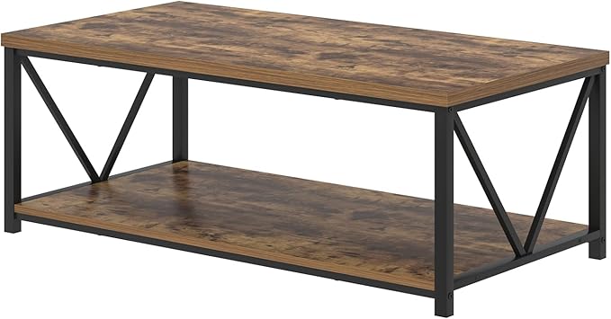 EXCEFUR Modern Coffee Table, Rustic Wood and Metal Living Room Table with Storage Shelf, Industrial Rectangle Center Table, 47 Inch Brown