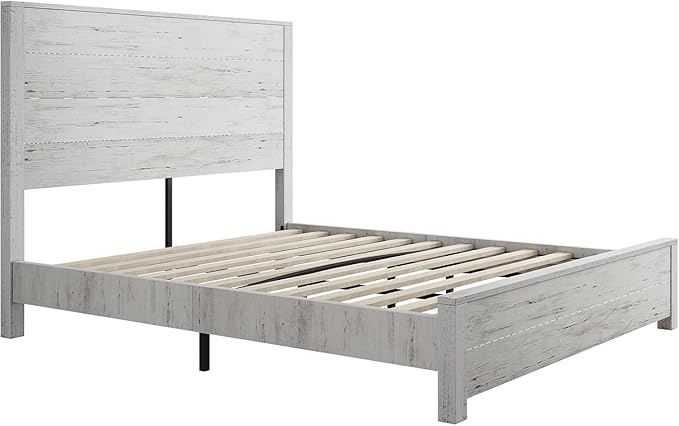 AMERLIFE Full Size 51.2" Wood Bed Frame, Rustic Platform Bed with Spliced Headboard, Wood Slats Support/No Box Spring Needed/Noiseless/Antique White