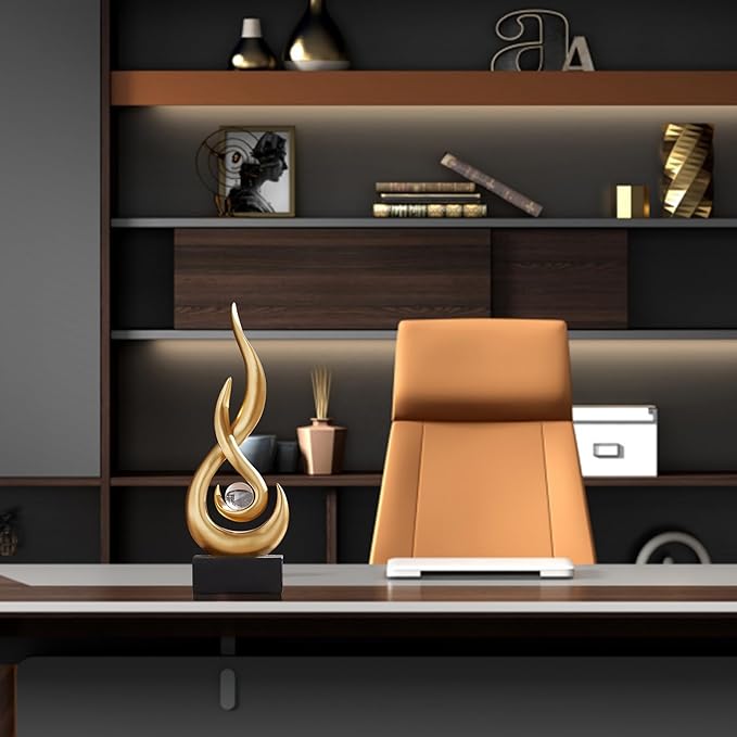 AWNR Abstract Gold Sculpture Decor: Flame Statue with Glass Ball Resin Art Figurines Unique Centerpiece Table Decorations Modern Home Decor Living Room TV Stand Coffee Table Office Decor