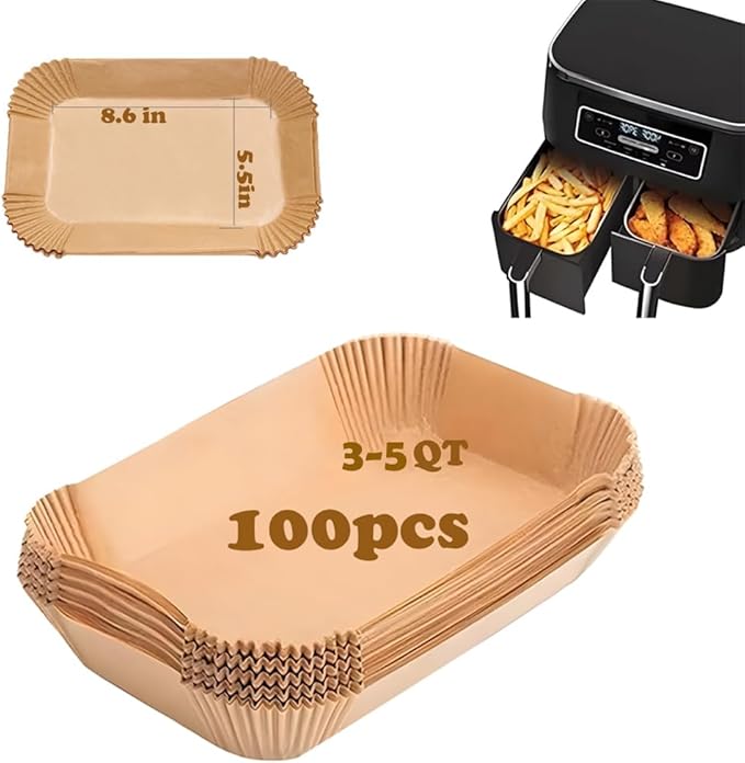 100 Pcs Air Fryer Parchment Paper Liners,8.6X5.5 In Rectangle Air Fryer Liners Disposable for Dual Basket 6-10 QT, DZ201-DZ401-DZ071 Air Fryer Frying,Baking,Roast