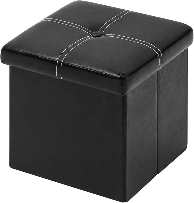 B FSOBEIIALEO Storage Ottoman with Faux Leather Foldable Small Square Foot Rest Stools Coffee Table Black 11.8"X 11.8" X 11.8"