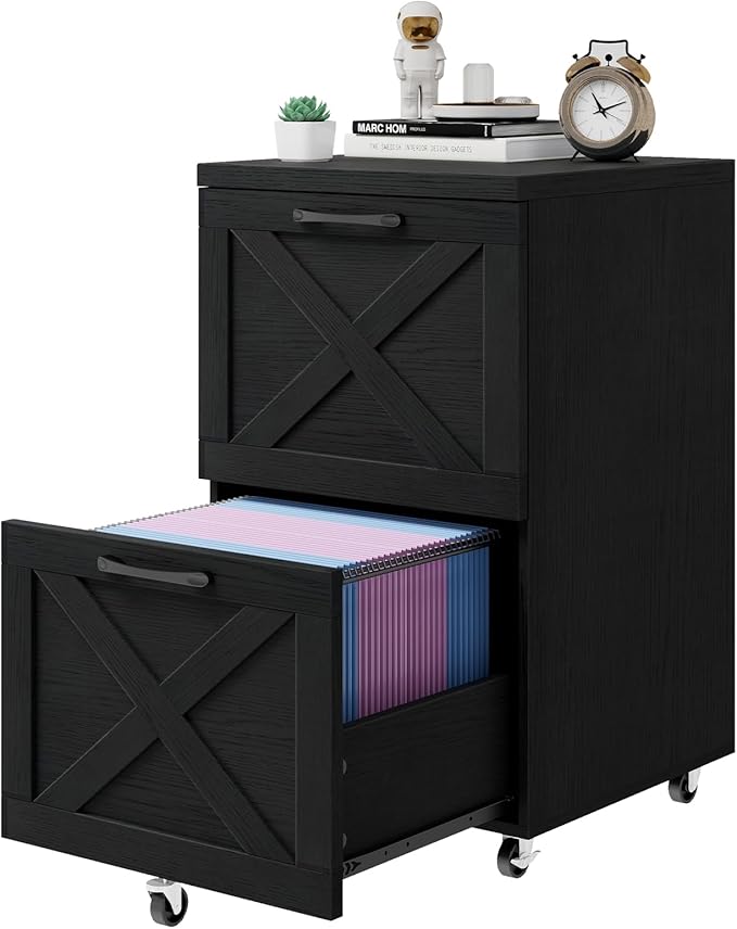 Farmhouse File Cabinet with 2 Drawers, Vertical Filing Cabinet on Wheels for Letter/A4 Size Hanging Files, Mobile File Cabinets Printer Stand for Home Office, Black