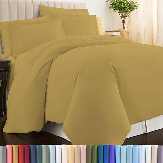 Pizuna Pure 100% Cotton Queen Duvet Cover Set, Luxurious 400 Thread Count Long Staple Cotton Sateen Weave with Button Closure (Combed Mustard Gold Cotton Duvet Cover Queen)