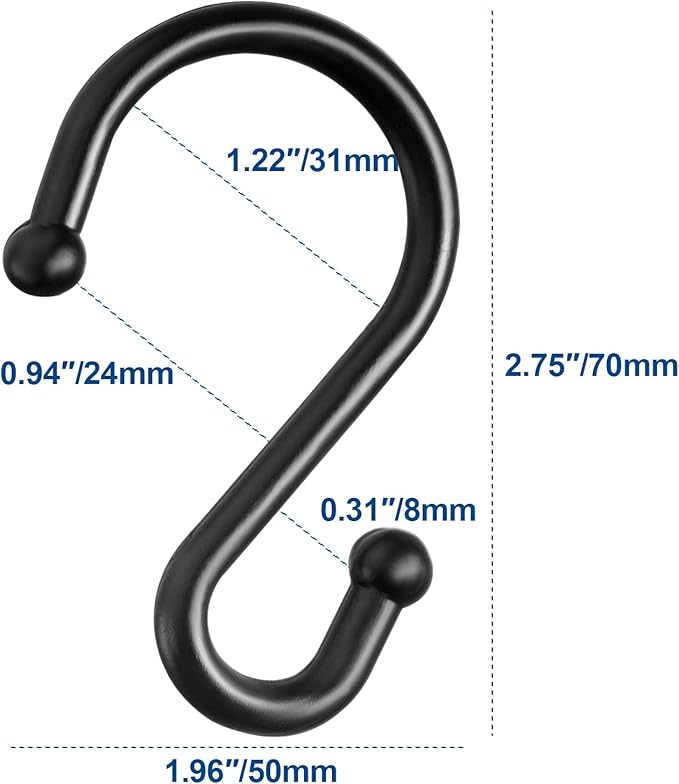 Shower Curtain Hooks Rings, Stainless Steel S Shaped Shower Hooks Rust Proof, Metal Shower Curtain Hangers for Shower Curtains, Kitchen, Wardrobe & Garden, Matte Black, Set of 12