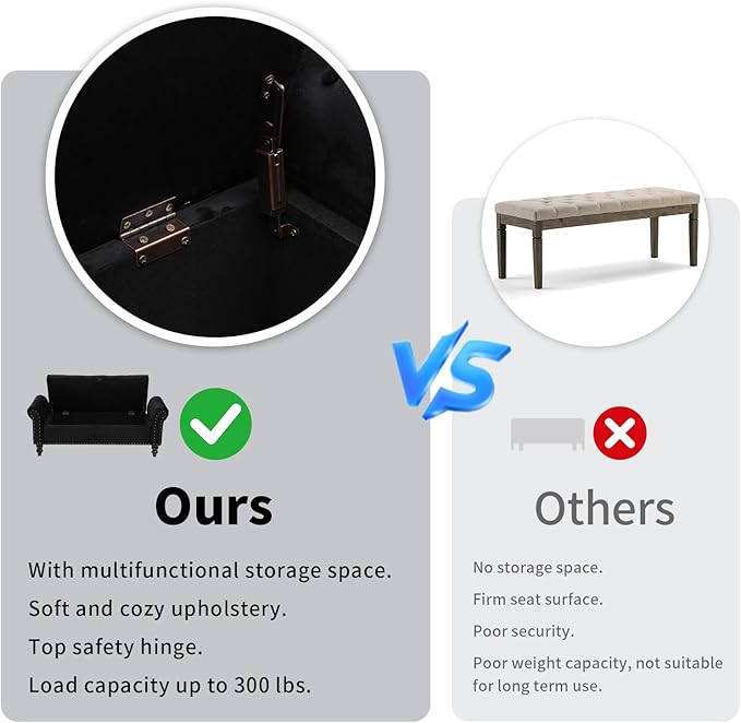 Storage Ottoman Bench with Arms, Velvet End of Bed Bench for Bedroom, Button Tufted Storage Bench for Entryway, Living Room,Hallway, Large Storage Bench Foot Rest (New Black)