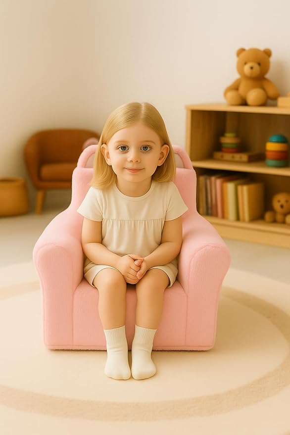 Cute Animal Toddler Foam Chair, Soft Faux Rabbit Fur, Removable Washable Cover, Kids Reading, Watching TV, or Relaxing, for Playroom, Bedroom, Living Room, 1-3 Years Old, Pink Cat