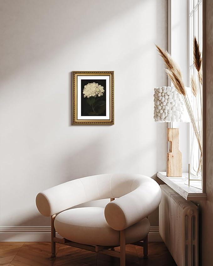 VIYYIEA Gold Framed Wall Art Canvas Print Home Decor Vintage Flower Art Aesthetic Room Decor White Hydrangea Oil Painting Canvas Prints Bedroom Bathroom Wall Decor Kitchen Office Floral Art 11x14in