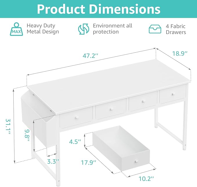 Lufeiya 47 Inch White Computer Desk with Fabric Drawers for Home Office Bedroom, Vanity Desk with Drawer Storage and Side Pouch, Study Writing Table, White