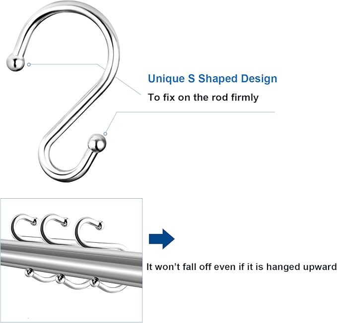 Shower Curtain Hooks Rings, Stainless Steel S Shaped Shower Hooks Rust Proof, Metal Shower Curtain Hangers for Shower Curtains, Kitchen, Wardrobe & Garden, Chrome, Set of 12