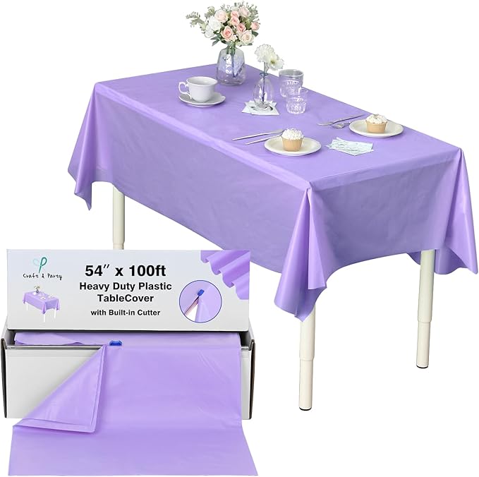 Craft And Party, 54 in x 100 feet Plastic Table Cover Roll for Party, Banquet, Picnic, Kids Activities for Any Size and Shape Table (Lavender, 54" x 100ft)