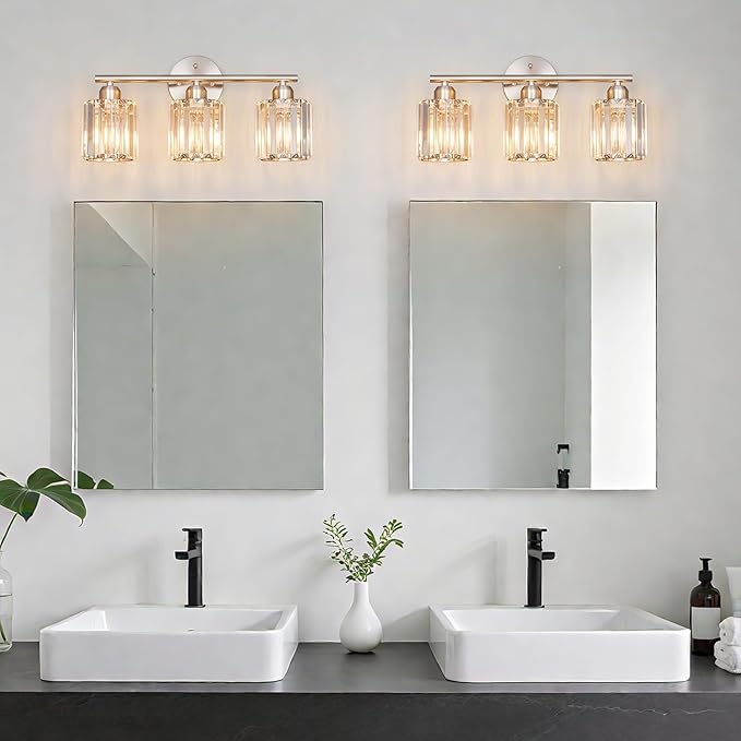 Modern 3 Light Crystal Vanity Light, Brushed Nickel Vertical Bathroom Light Fixture Over Mirror for Dressing Table Sink, Compatible with Dimmable Bulbs (Bulbs Not Included)