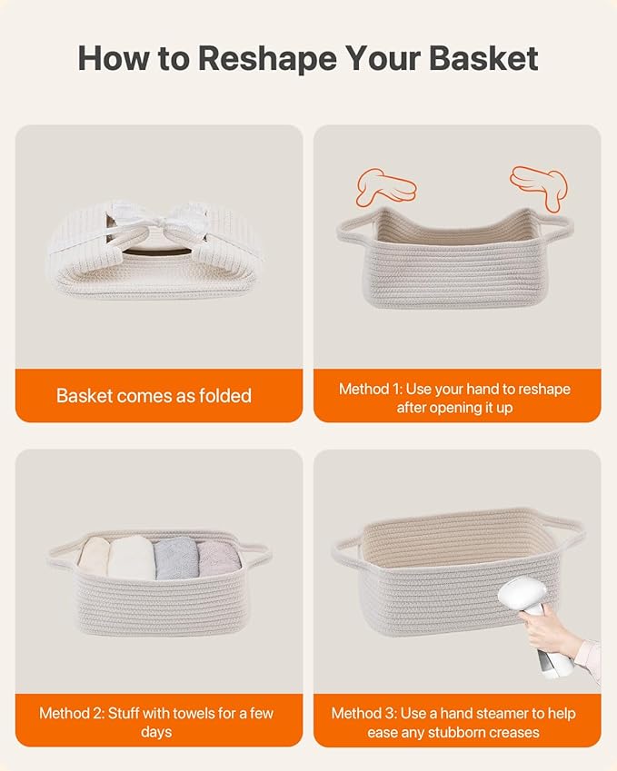 Small Woven Basket, 12 x 8 x 4.5 Inches, Small Storage Baskets for Organizing, Gift Baskets Empty, Cute Rope Shelf Closet Storage Bins for Shelves, Dog Toy Basket, Off White