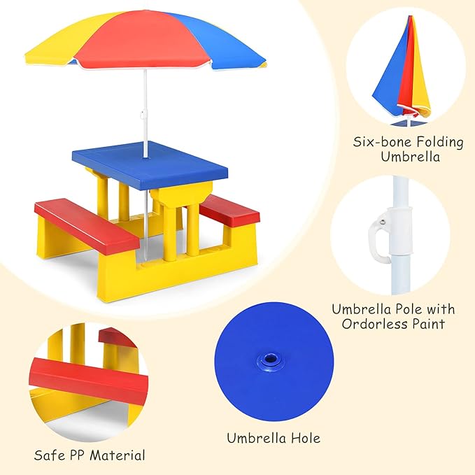 HONEY JOY Kids Picnic Table, Toddler Plastic Outdoor Table & Bench Set with Umbrella, Children Patio Furniture Set for Backyard Garden, Kids Picnic Tables for Outdoors, Gift for Boys Girls Age 3+