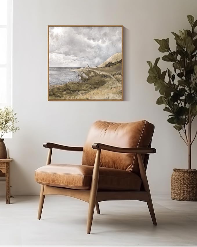 InSimSea Square Framed Canvas Wall Art, Large Decor Danish Coastal Landscape Paintings, Seaside Scenery Wall Pictures for Bedroom Living Room, Canvas Prints Artwork, Vintage Decor 20"x20"