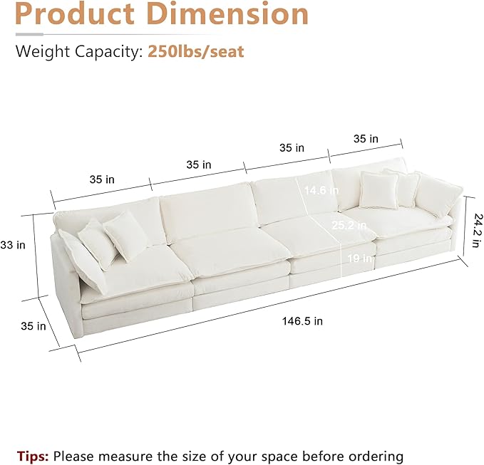 mikibama Luxury Modular Sectional Sofa, 146.5" Modern Chenille Comfy Cloud Couches for Living Room Office, 4 Seater Deep Sofa with 2 Armrest Pillows and 4 Toss Pillows, Beige