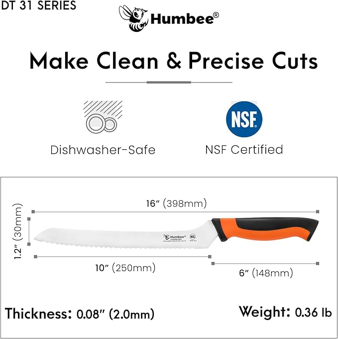 10-Inch Offset Serrated Bread Knife, Premium High Carbon Stainless Steel Blade Knife for Bread with Ergonomic Handle, NSF Certified, DT-31 Series, Orange
