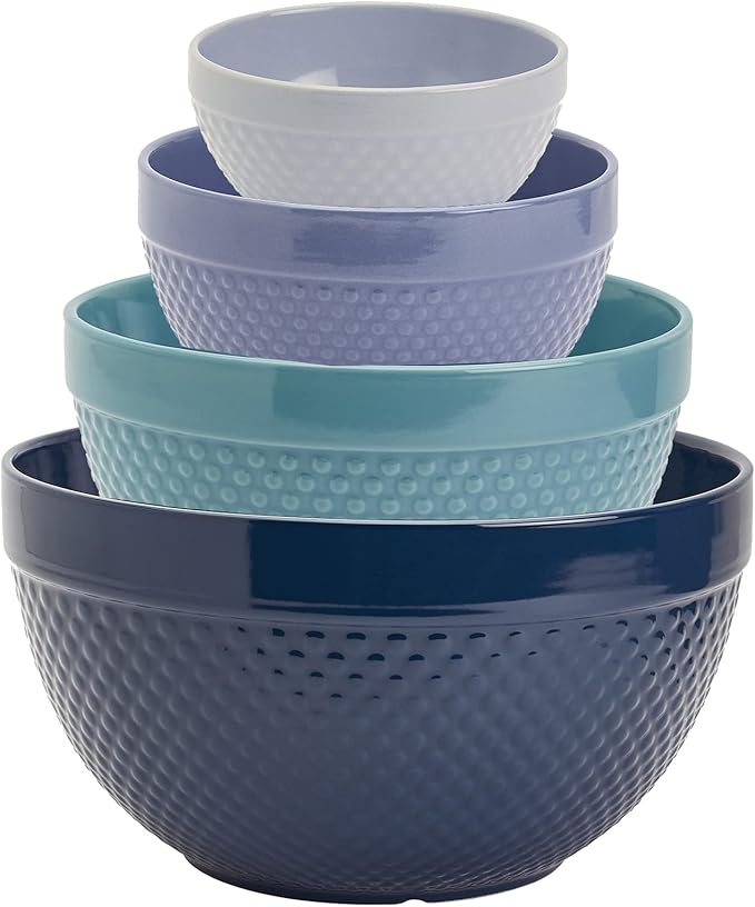 TTU Tabletops Gallery Hobnail Style 4 Piece Blue Storm Stoneware Nesting Mixing Bowl Set for Baking and Cooking