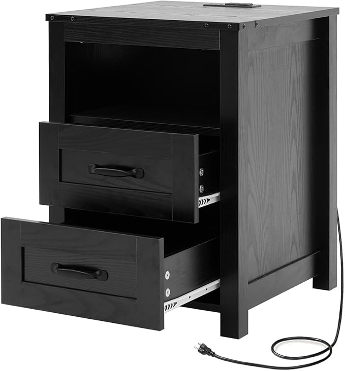 Farmhouse Nightstand with Charging Station & Drawers, Black Wood Bedside Table, End Table with 2 Storage Drawers & USB Ports for Bedroom, Dorm,Black