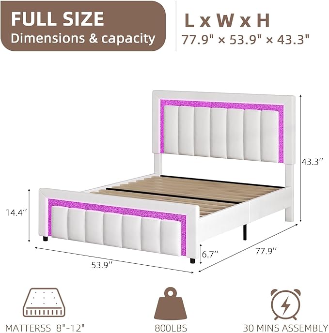 HOMBCK Full Size Bed Frame with LED Lights and Velvet Upholstered Headboard, Bed Frame Full with Modern Diamond Headboard Adjustable, Wooden Slats Support, Noise Free, No Box Spring Needed, White
