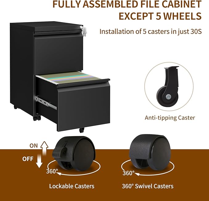 Metal Mobile File Cabinet with Lock and 4 Keys - Fully Assembled, Under Office Desk 2 Drawers Filing Cabinet for Home Office with Anti-tilt Wheels, A4/Legal/Letter Hanging File Drawers