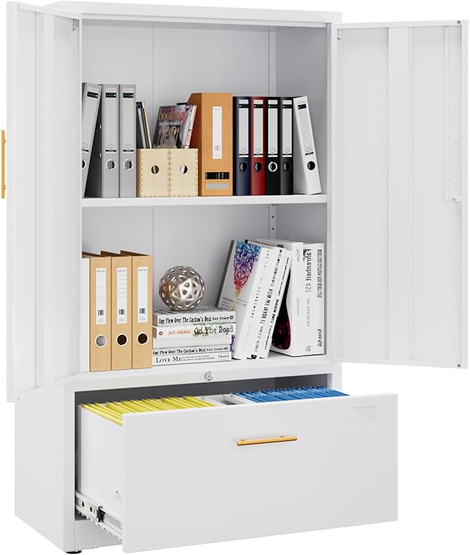 1 Drawer Lateral File Cabinet with Lock, Metal Filing Storage Cabinet with Locking Doors and Adjustable Shelf for Home, Office, School, Fits A4/Letter/Legal Size Folders, White
