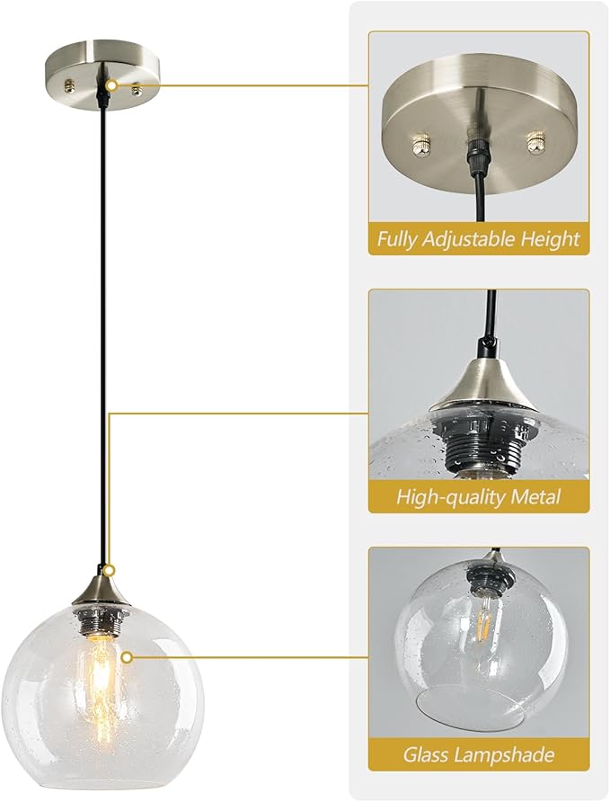 Modern Pendant Light Fixture, Clear Glass, 7.87in, Kitchen Island, Living Dining Room, 3-Pack