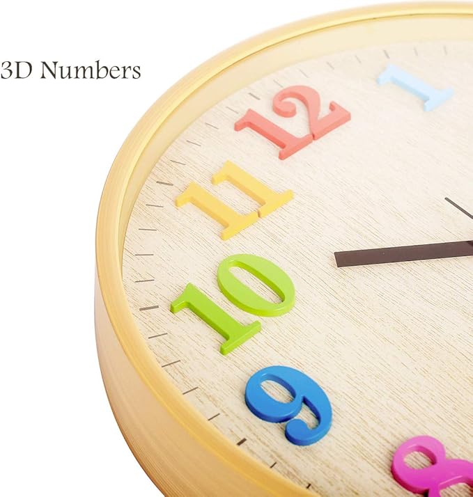 Topkey 12" Wooden Look Wall Clock Silent Non-Ticking 3D Numbers Colorful Decorative Round Clock for Living Room, Bedroom and Office Battery Not Included - Light Brown