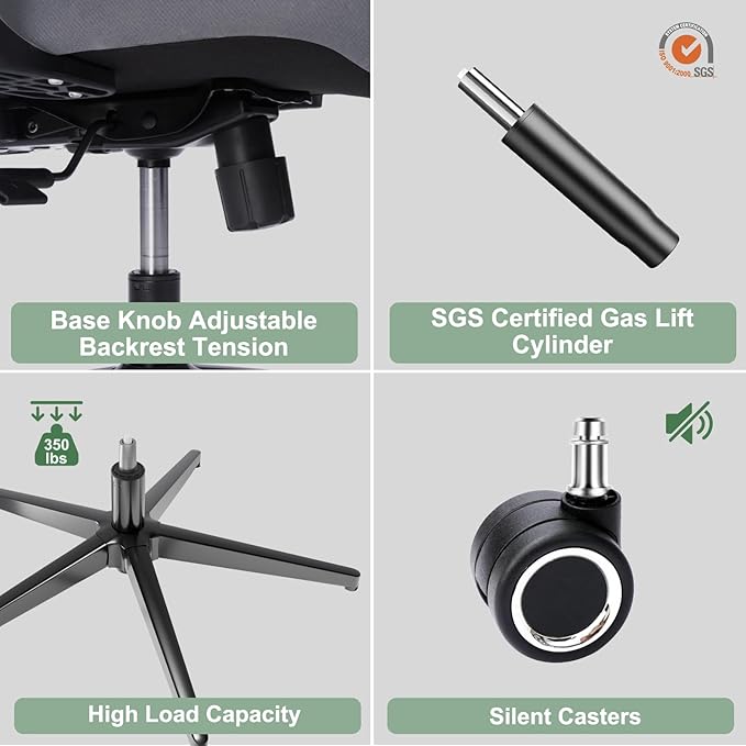 Ergonomic Office Chair - 350LB Mesh Office Chair with Adjustable Lumbar, High Back Computer Desk Chair with 3D Armrest, Comfy Chair with 2D Headrest & Tilt Function for Study, Work, Gaming