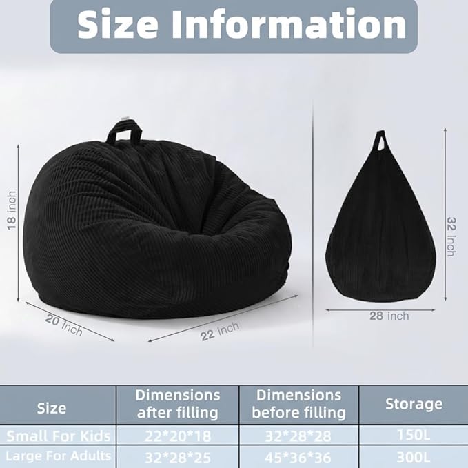 Stuffed Animal Storage Bean Bag Cover (No Filler), Corduroy Kids & Toddler Bean Bag Chair for Teens & Adults, Toy Storage Organizer, Comfy Sofa for Playroom (Onyx Black, Kids (Cover Only))