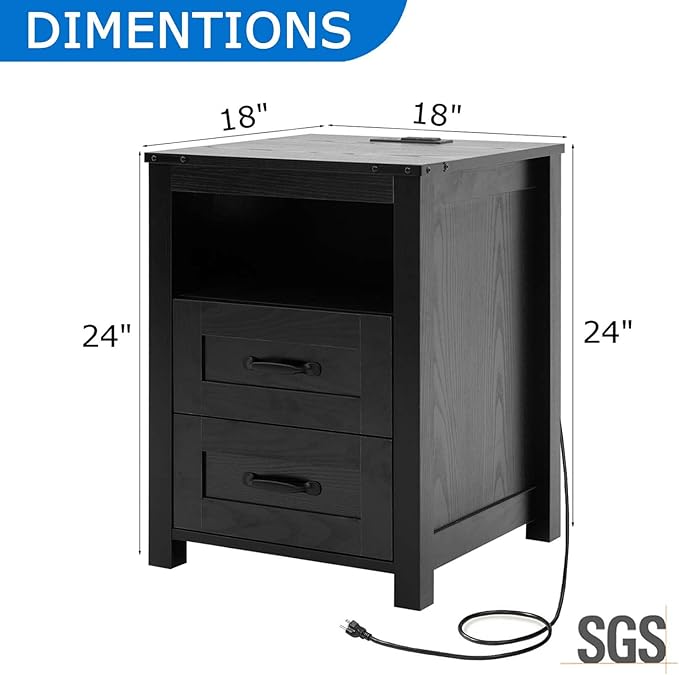 Farmhouse Nightstand Set of 2 with Charging Station & Drawers, Black Wood Bedside Table, End Table with 2 Storage Drawers & USB Ports for Bedroom, Dorm, Black