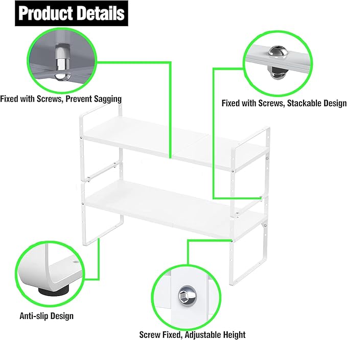 Expandable Kitchen Cabinet Storage Shelf, Stackable Metal Pantry Storage Shelves Organizer, Adjustable Height Counter Spice Rack for Kitchen Cabinet (White - 16.5"-27" L x 8" W x 9.6" H - 3Pack)