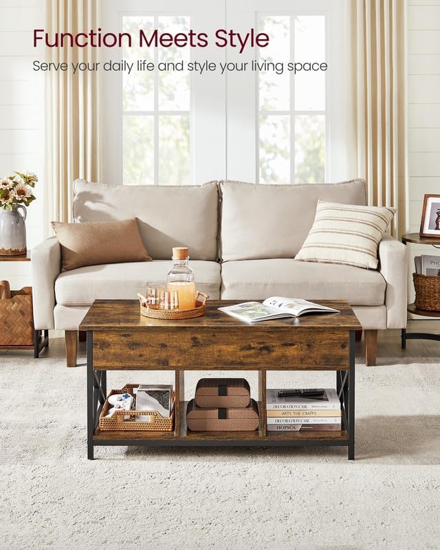 VASAGLE Lift Top Coffee Table, Lift Coffee Table with Storage Shelf, Hidden Compartments and Lifting Top, for Living Room, Office, 19.7 x 39.4 x (19.3-24.4) Inches, Rustic Brown and Black ULCT202B01