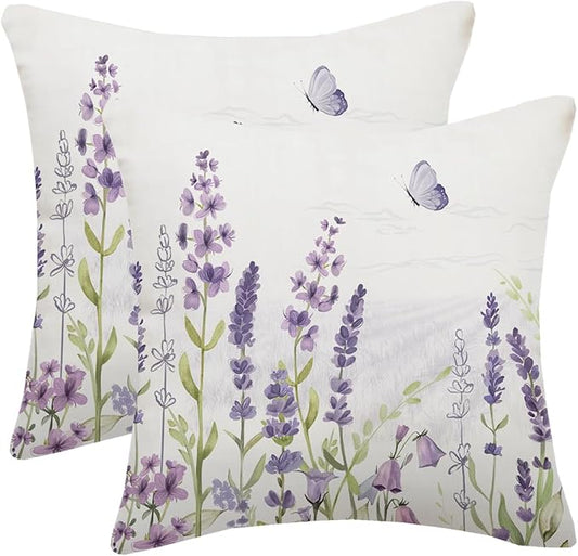 Spring Lavender Pillow Cover 16x16 Inch Set of 2, Purple Flowers Throw Pillow Covers Summer Watercolor Floral Decorations Linen Cushion Covers Farmhouse Home Decor for Sofa Couch Outdoor
