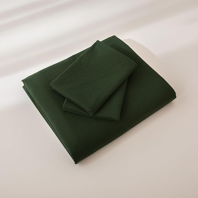 JIYUAN 100% Washed Cotton Duvet Cover Set 3 Pieces Super Queen, 1 Duvet Cover 90x98 Inches(Comforter Not Included) and 2 Pillowcases,Linen Feel Bedding Set Comfy and Breathable,Forest Green