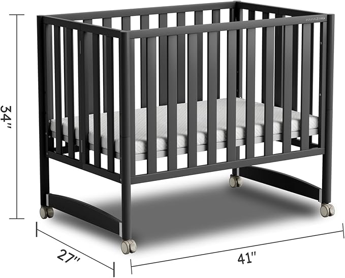 EvoNook 6-in-1 Convertible Mini Crib, 100% New Zealand Solid Wood, 4 Adjustable Mattress Heights, Black with Matttress (Crib with Mattress, Black)
