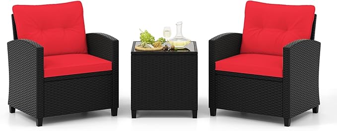 Tangkula 3 Pieces Patio Furniture Set, Rattan Conversation Set w/Soft Seat & Back Cushions, Tempered Glass Topped Coffee Table, Cushioned Wicker Seating for Backyard, Porch, Poolside (Red)