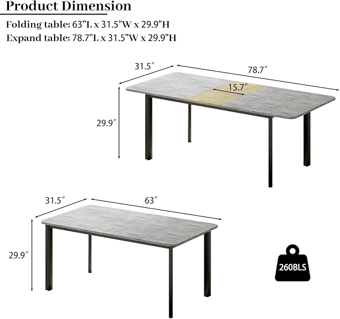 63"- 78.7" Extendable Dining Table, Thickened Expandable MDF Wooden Kitchen Table with Metal Legs, Scratch-Resistant, Easy to Clean