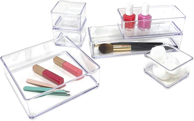 Isaac Jacobs 6-Tray Clear Acrylic Organizer Set, (Six Individual Trays), Multi-Purpose, Stackable Storage Solution for Makeup, Crafts, Desk, School, Office Supplies & More, for Bathroom, Kitchen
