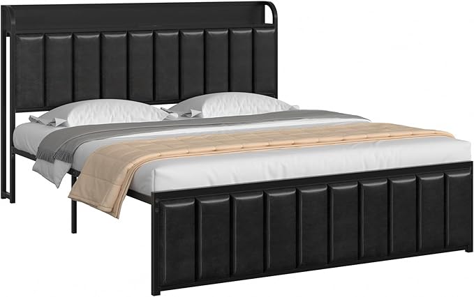 VECELO Queen Size Bed Frame with Headboard, Upholstered Platform Bedframe, Heavy Duty Metal Slats, No Box Spring Needed, Easy Assembly, Classic Black