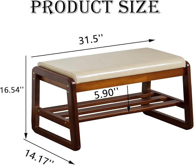 latifolia Solid Wood Bench, Entryway Shoe Bench with Cushion, 2 Tier Shoe Storage Organizer for Hallway, Living Room(Grey,31.50''L)