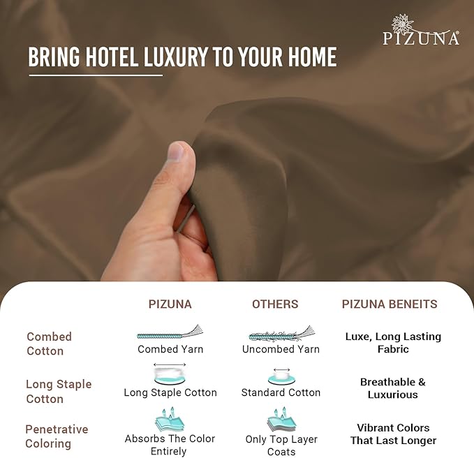 Pizuna Pure 100% Cotton Twin Duvet Cover Set, Luxurious 400 Thread Count Long Staple Cotton Sateen Weave with Button Closure (Combed Woody Brown Cotton Duvet Cover Twin)