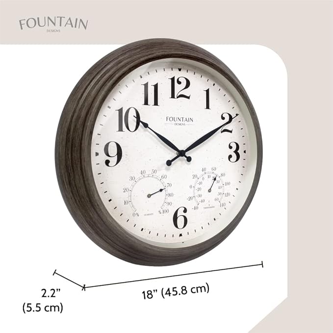 18 Inch Large Outdoor Clocks for Patio Large Waterproof with Thermometer,Outdoor Clock Thermometer Combo,Weatherproof for Patio,Pool and Garden Decor,Grey Oak