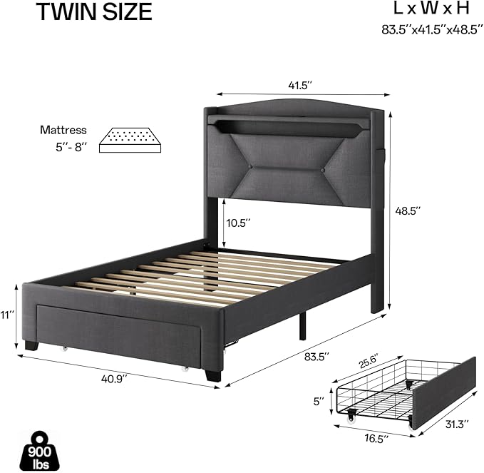 Twin Bed Frame, Twin Bed Frames with Storage Headboard, Upholstered Twin Size Bed Frame with Drawers, Charging Station and LED Lights, Easy Assembly, Grey