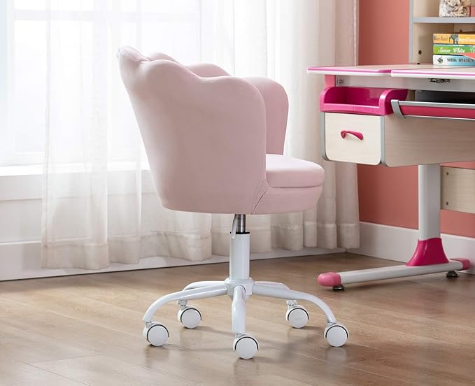 Adjustable Kids Desk Chair Cute Reading Computer Chair for Students Modern Upholstered Velvet Swivel Rolling Armchair for Girls Bedroom, Seashell Back (Light Pink)