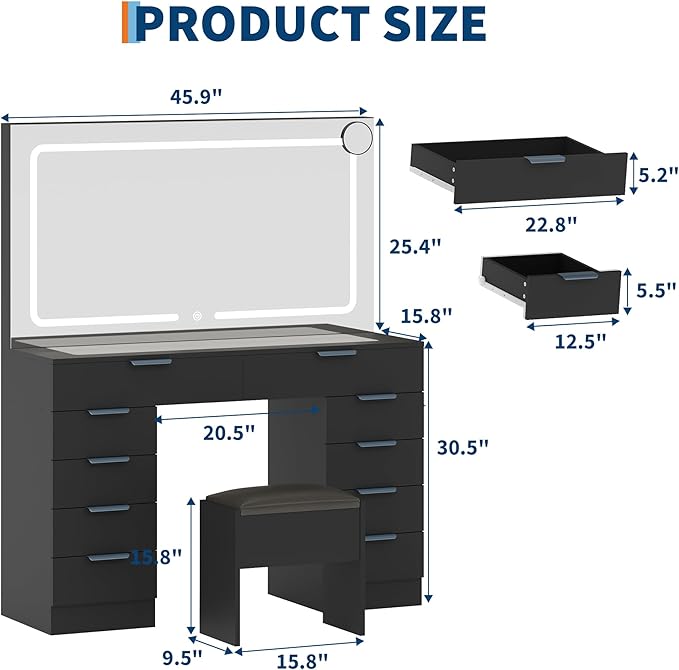 Vanity Desk with Large Mirror and Lights, Makeup Vanity Desk Set with Power Outlet, Stool, 10 Drawers Storage, Magnifying Glass, Hairdryer Holder, 3 Lighting Color Adjustable for Bedroom (Black)