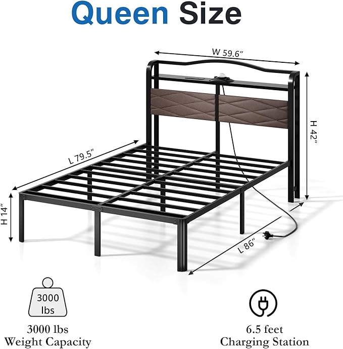 Queen Size Bed Frame - Storage Headboard with Charging Station & Galaxy Aurora Projector, 14 Inch Sturdy Metal Platform Bed Frame No Box Spring Needed, Easy Assembly, No Noise, Brown